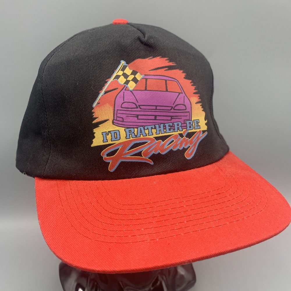 Vintage KC I’d Rather Be Racing NASCAR Stock Car Snapback Hat Graphic Black Red